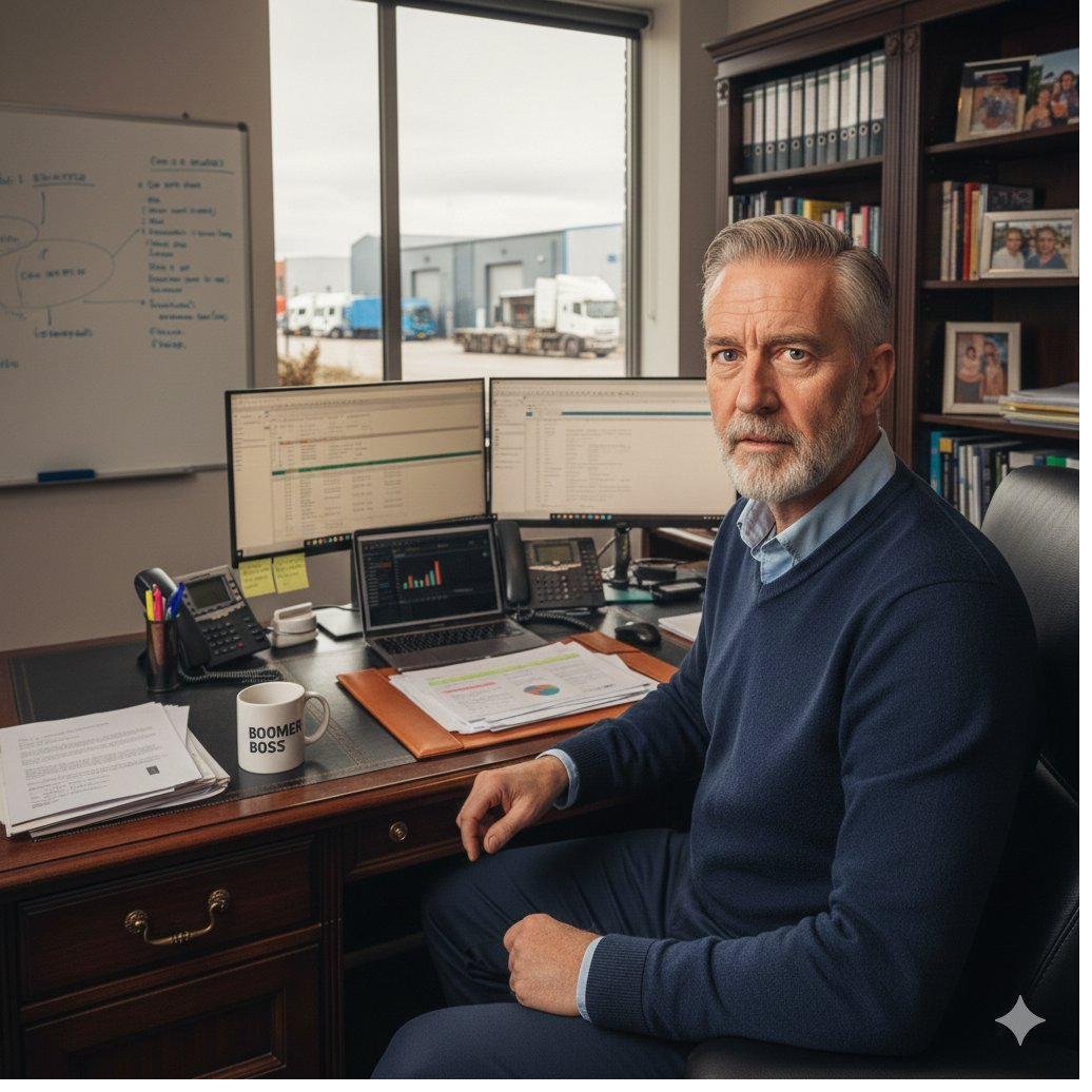 Business owner at desk with manufacturing business in background